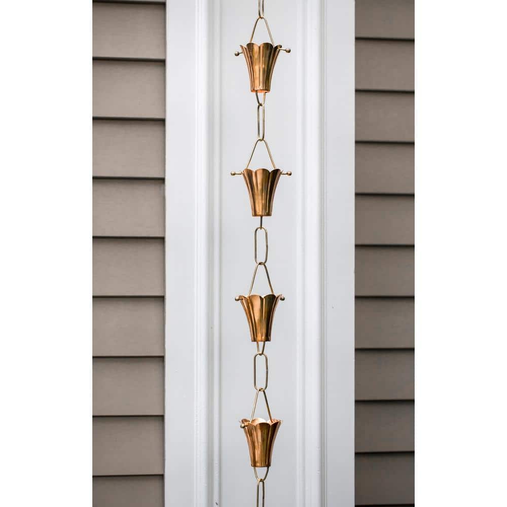 8.5ft Pure Copper Fluted Flower Rain Chain with Brass Links
