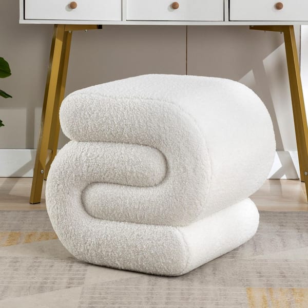 Maverick Ivory Modern Upholstered Teddy Fabric S-Shape Ottoman Stool, Wood