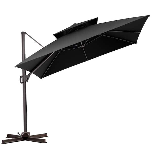 Double Top Aluminium 9.5 ft. Square Heavy-Duty 360° Rotation Cantilever Patio Umbrella in Black Without Base