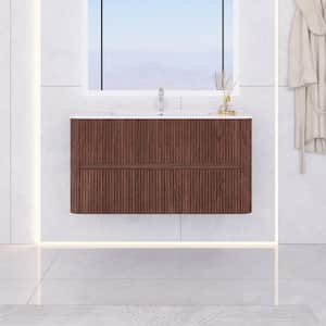 NOOR 36 in. W Single Sink Wall-Mounted Bath Vanity in Deep Walnut with White Ceramic Top