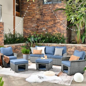 Fortune Dark Gray 5-Piece Wicker Outdoor Patio Conversation Seating Set with Denim Blue Cushions