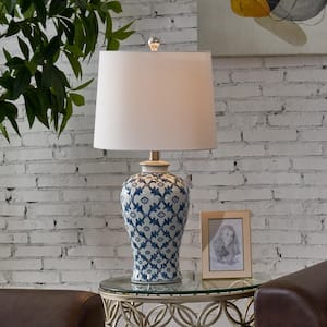 Sacramento 25 in. Blue/White Ceramic Table Lamp, Traditional Chinoiserie Bedside Lamp