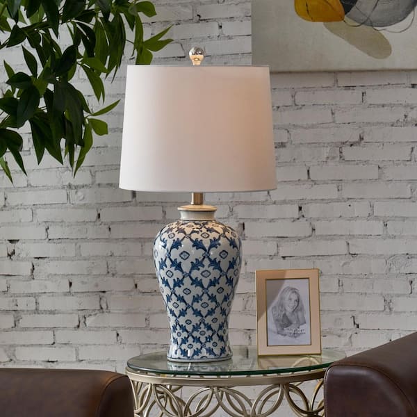 Sacramento 24.5 in. Blue Chinoiserie Dimmable Ceramic Bedroom Living Room Bedside Desk Nightstand Table Lamps