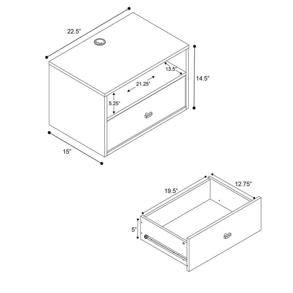 Sleek Black Floating Nightstand with Drawer and Open Shelf
