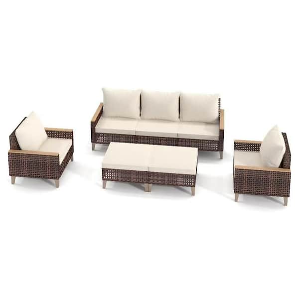Tenleaf 7-Piece All-Weather Wicker Outdoor Sofa Sectional Set with White Cushions