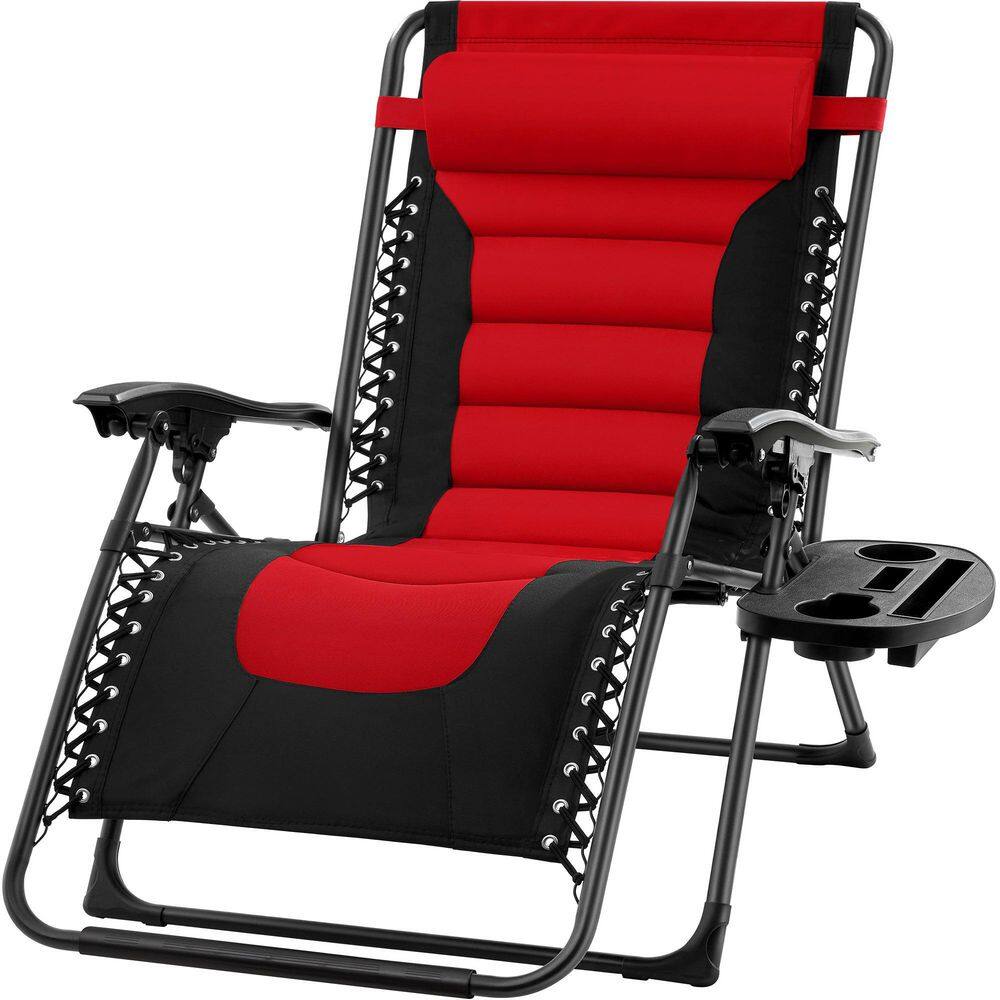 Padded Red Metal Outdoor Recliner with Headrest, Side Tray