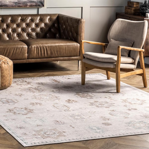 Krystin Beige 6 ft. x 6 ft. Machine Washable Distressed Indoor Square Rug