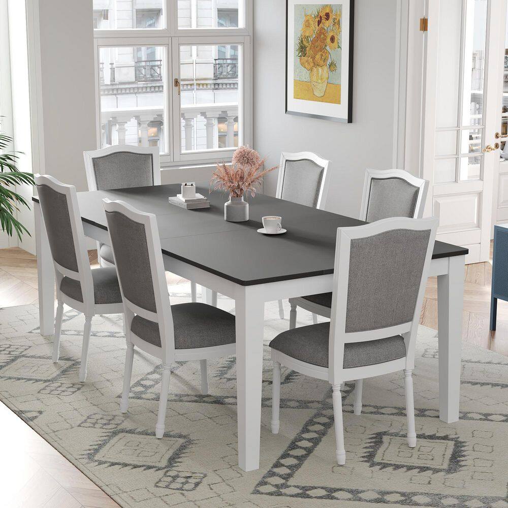 7-Piece Wood Extendable Outdoor Dining Table Set with Gray Cushions and 2-B