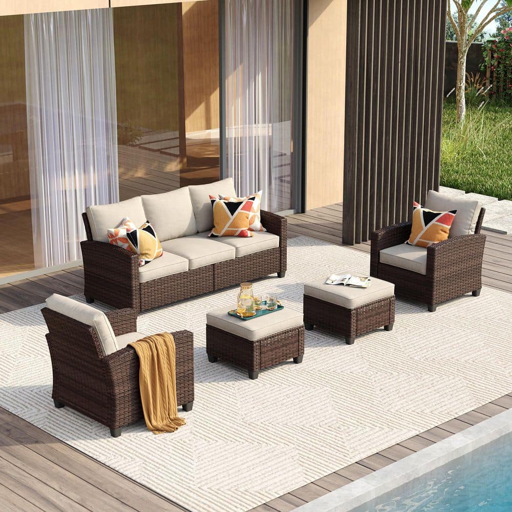 5-Piece Wicker Patio Conversation Set with Sofa, Ottomans and Beige Cushions price history on PriceWatchPro