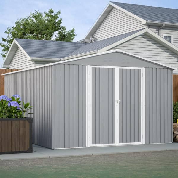 10 ft. W x 12 ft. D Outdoor Metal  Storage Shed with Floor Frame Kit and Double Lockable Doors, Gray(120 sq. ft.)