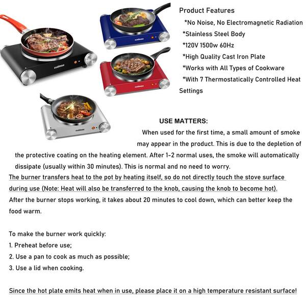 Hot Plate Electric Single Burner 1500W Portable Burner for Cooking with  Adjustable Temperature & Stay Cool Handles, Non-Slip Rubber Feet, Stainless