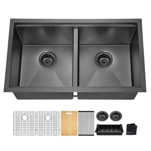 Black Stainless Steel 33 in. 18-Gauge Double Bowl Undermount Workstation Kitchen Sink