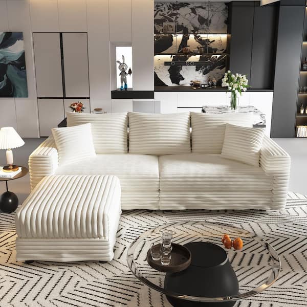 Harper & Bright Designs 82.7 in. Modern Corduroy Modular Sofa Comfy Upholstered Sectional Sofa Cloud Couch in Beige with Ottoman GCCPVVS00146