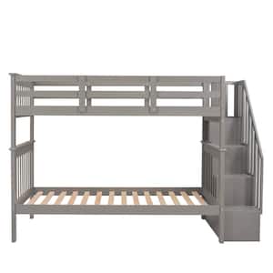 Modern Wood Gray Twin-Over-Twin Bunk Bed Size with Storage and Guard Rail for Bedroom, Stairway, No Box Spring Required
