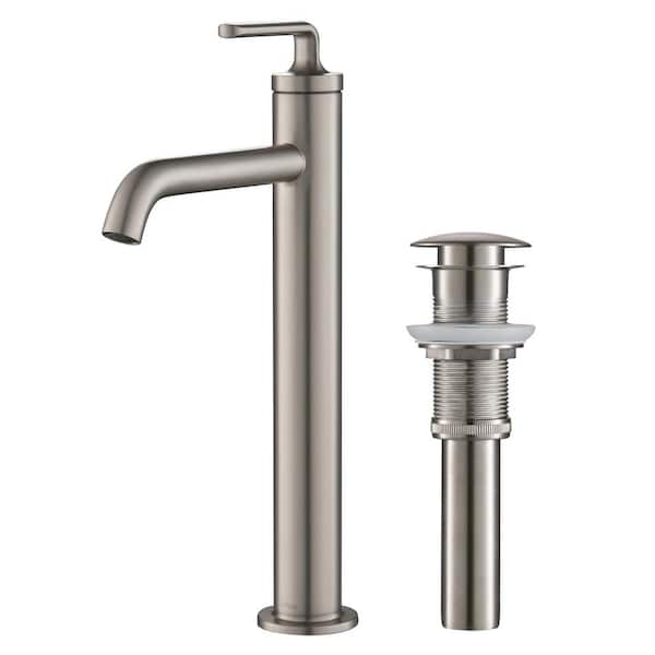 KRAUS Ramus Single Hole Single-Handle Vessel Bathroom Faucet with Matching Pop-Up Drain in Spot Free Stainless Steel