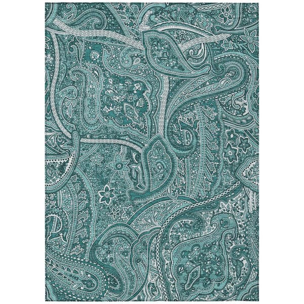 Teal Blue, Aqua, Ivory 9 ft. x 12 ft. Woven Paisley Polyester Rectangle Indoor/Outdoor Area Rug