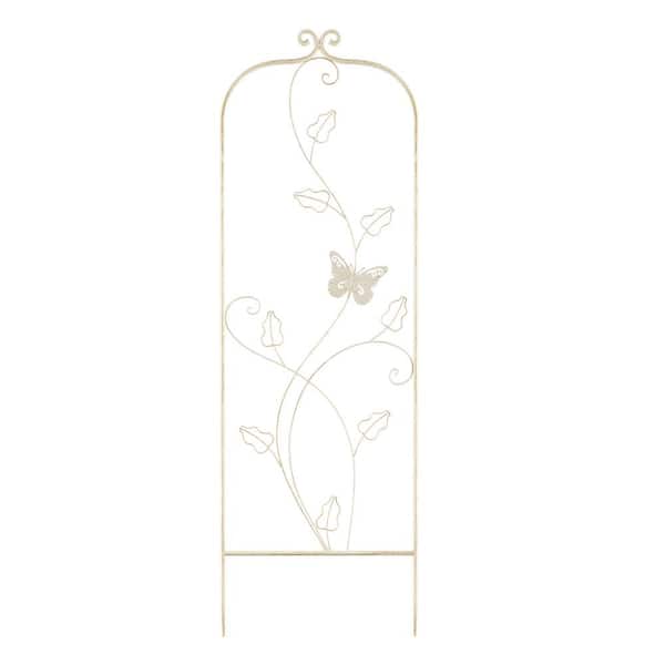 Pure Garden 46 in. Antique White Metal Trellis with Decorative Leafy Vine and Butterfly Metal Panel