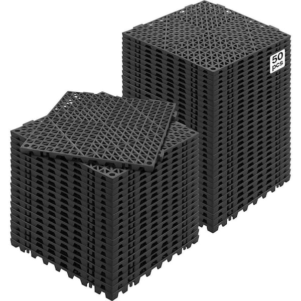 Interlocking Drainage Mat Floor Tiles PVC Interlocking Gym Flooring Tiles 12 x 12 x 0.6 in. (Black 50 Pcs,50 sq ft)