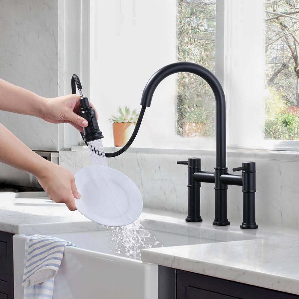 Matte Black Brass Gooseneck Pull-Out Spray Kitchen Faucet