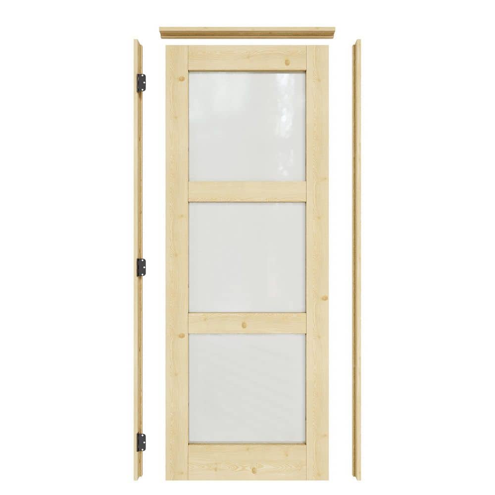 30 in. x 80 in. 3-Lite Frosted Glass Right Solid Core Pine Wood Single Interior Door with Quick Assemble Jamb price history on PriceWatchPro