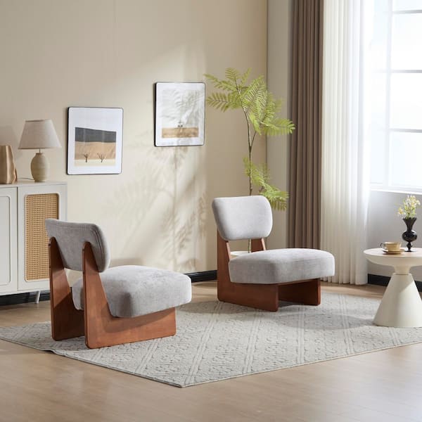 Gray and Walnut Polyester Upholstered Lounge Chair (Set of 2) with Rubber Wood Base