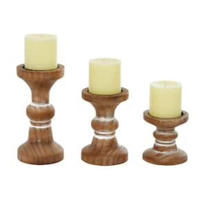 Brown Wood Beaded Pillar Candle Holder (Set of 3)