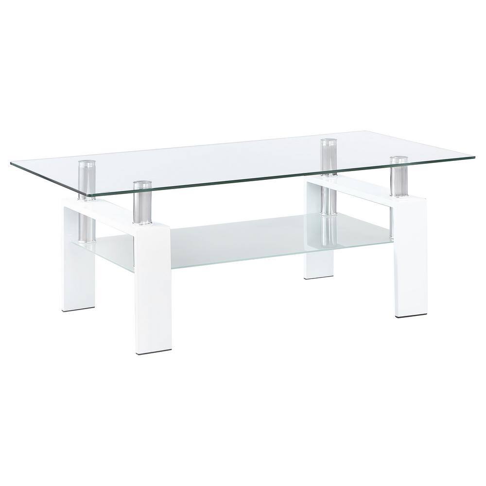 Contemporary Rectangular Glass Coffee Table with White Metal Frame and Shelf