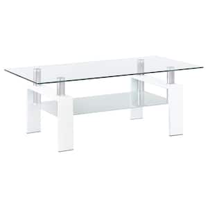 Dyer 48 in. White Rectangle Glass Top Coffee Table with Shelf