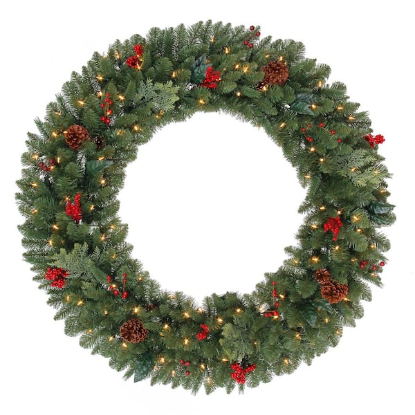 Home Accents Holiday 48 in. Winslow Fir Battery Operated Pre-Lit LED Artificial Christmas Wreath with 436 Tips and 120 Warm White Lights