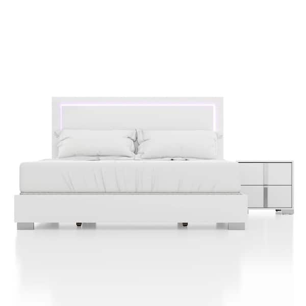 Mesala 2-Piece Contemporary Glossy White Wood King Panel Bedroom Set with Nightstand