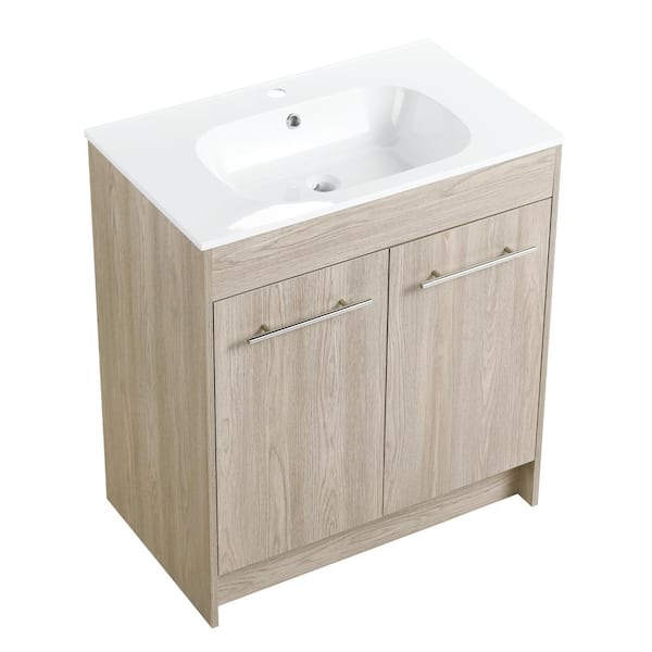Logmey 30 in. W x 18 in. D x 34 in. H Bath Vanity in White Oak Color with White Resin Top