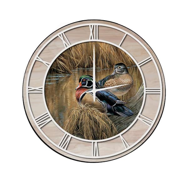 Unbranded "Back Waters Wood Duck" Woodgrain Accent and White Numbers Imaged Wall Clock