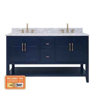 Sturgess 61 in. W x 22 in. D x 35 in. H Double Sink Freestanding Bath Vanity in Navy Blue with Carrara Marble Top