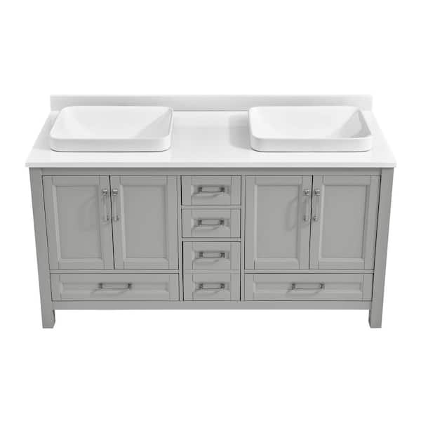 Bentworth 60 in. Double Semi-Recessed Sinks Light Gray Bath Vanity with White Engineered Marble Top (Assembled)