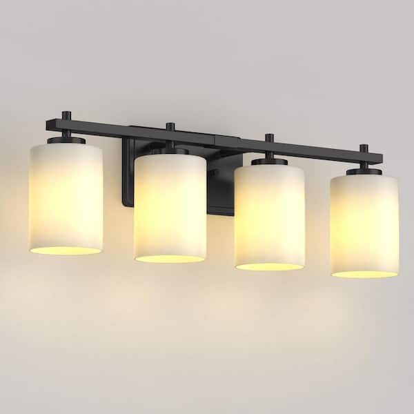 24 in. 4-Light Bathroom Vanity Light with Black Iron Frame and Frosted Glass Shade