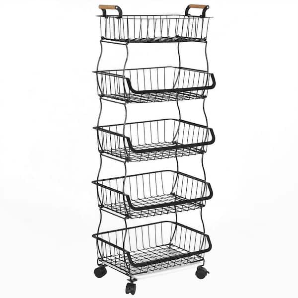 Black Rolling Wire Basket Storage Cart 5-Tier, Stackable Kitchen Pantry Cart with Locking Wheels