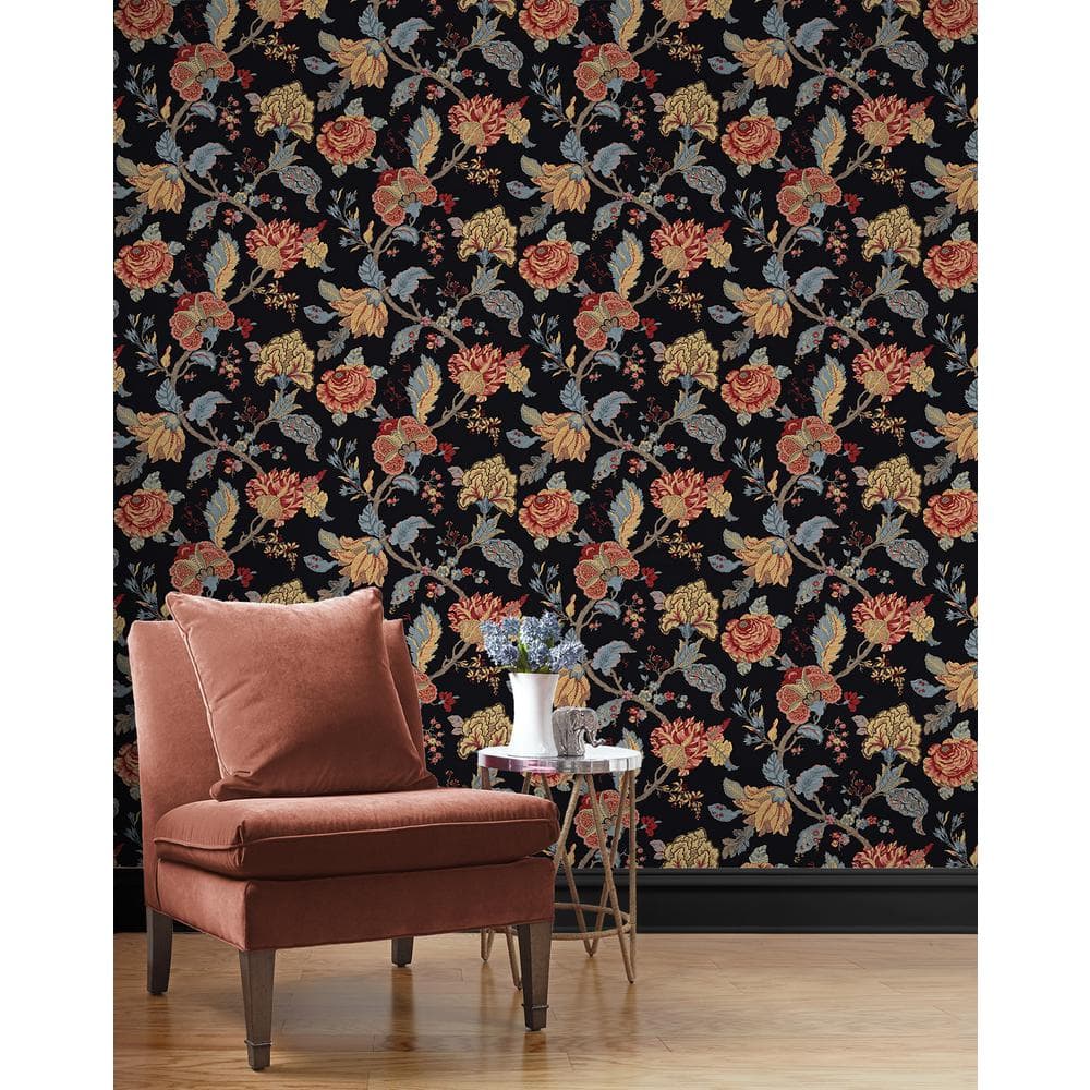 Ebony Floral Jacobean Pre-pasted Vinyl Wallpaper Roll