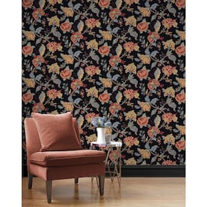 56 sq. ft. Ebony Lana Jacobean Floral Prepasted Paper Wallpaper Roll