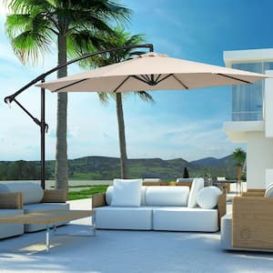 10 ft. Offset 8 Ribs Metal Cantilever Patio Umbrella with Crank for Poolside Yard Lawn Garden in Beige