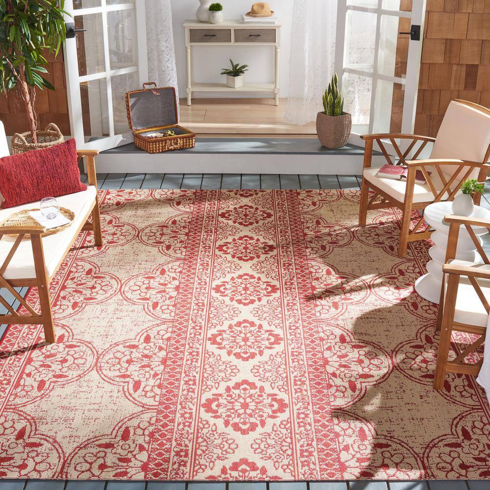 Red and Cream Square Synthetic Outdoor Area Rug