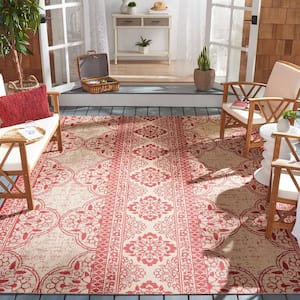 Beach House Red/Cream 8 ft. x 8 ft. Damask Floral Indoor/Outdoor Patio  Square Area Rug