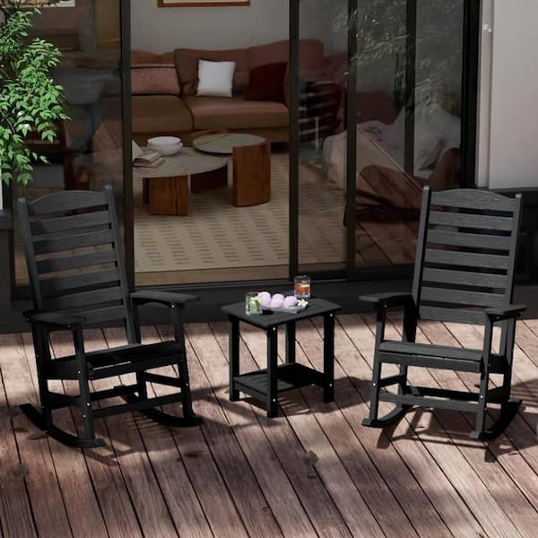 Black All Weather Resistant HIPS Plastic Patio Outdoor Rocking Chair for Lawn, Porch, Indoor and Garden (Set of 2)