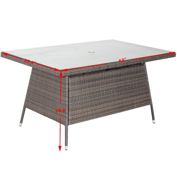 その他 63 Brown Rectangular Wicker Outdoor Dining Table with Umbrella Hole