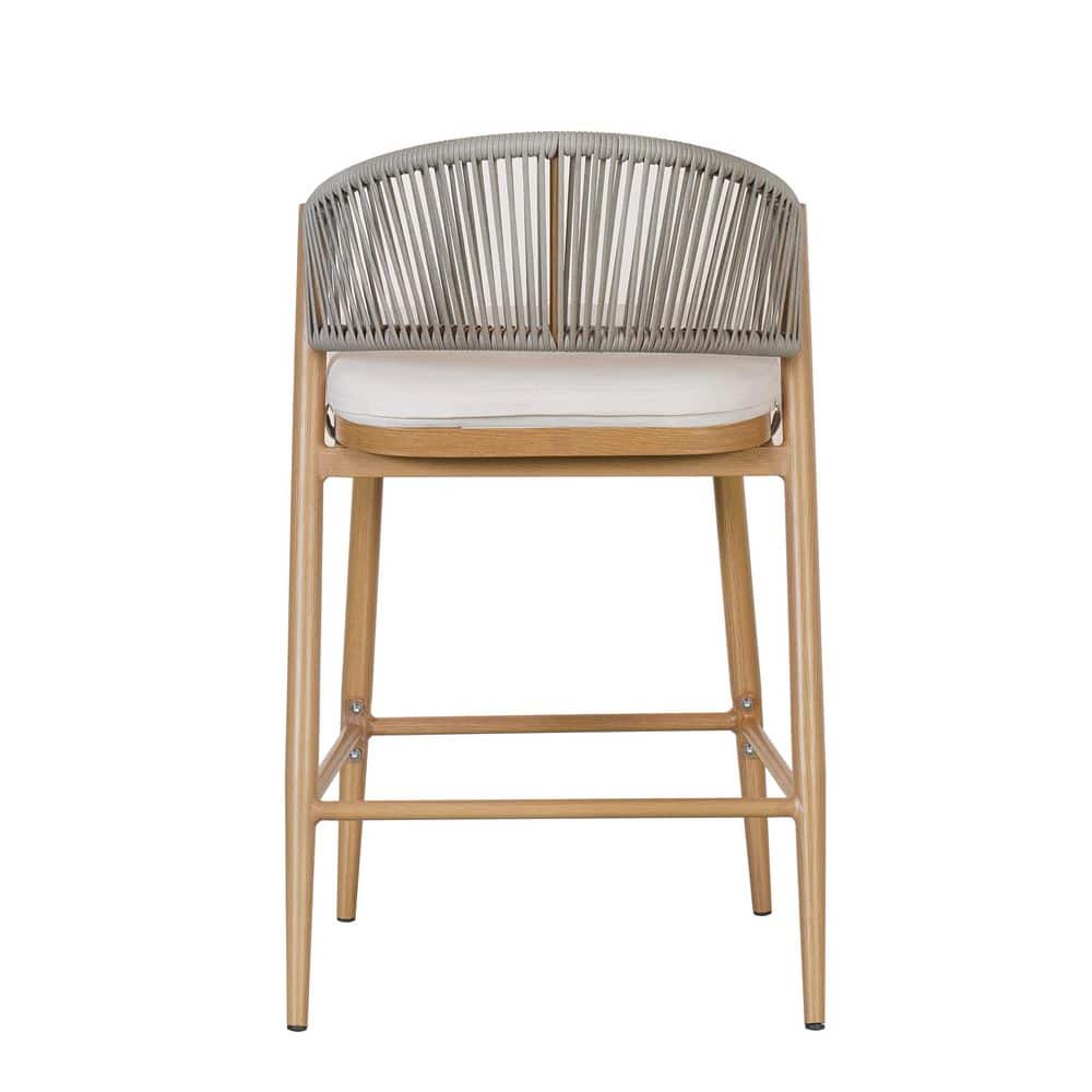 Maple Finish Aluminum and Rattan Outdoor Counter Stools with Cushions, Set of 2