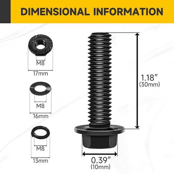 M8 x 30 mm Black Oxide Zinc Carbon Steel Flanged Hex Bolt Nut and Washer Set (10-Pack)