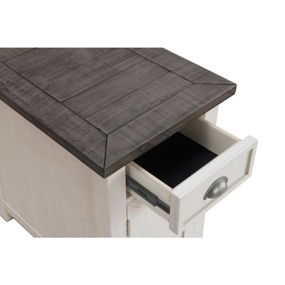 Coastal Farmhouse White and Grey Pine Chairside Table with Power