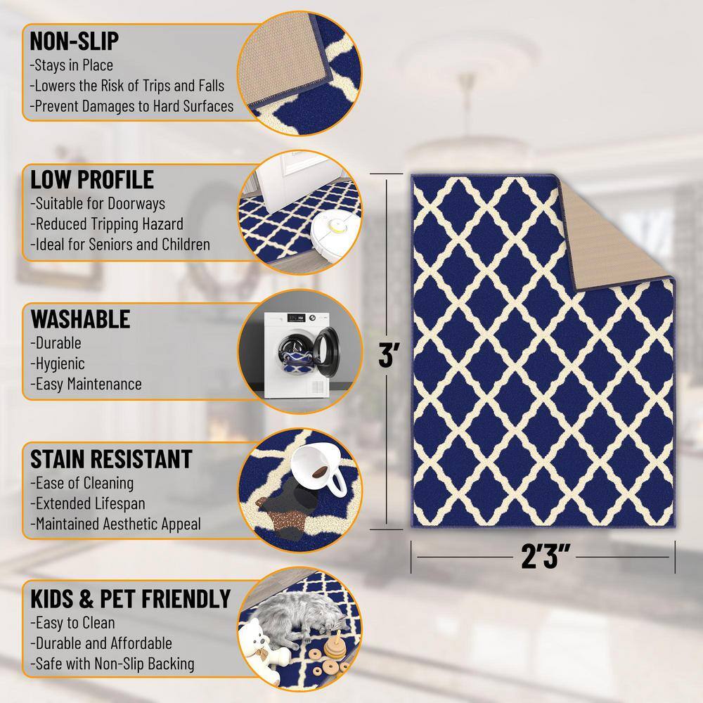 Navy and Ivory Synthetic Trellis Non-Slip Area Rug, 2'3" x 3'