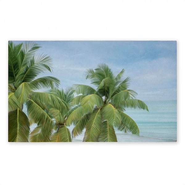 Tropical Palms Overlooking Ocean Green 18 in. x 30 in. Polyester Non-Slip Outdoor Door Mat