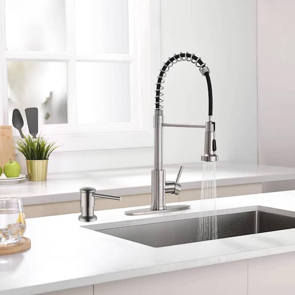 Single Handle Pull Down Sprayer Kitchen Faucet with Soap Dispenser in Brushed Nickel