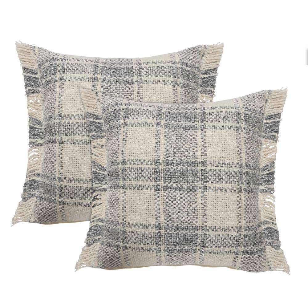 Andrew Ivory/Gray Tartan Cotton Blend 20 in. x 20 in. Indoor Throw Pillow (